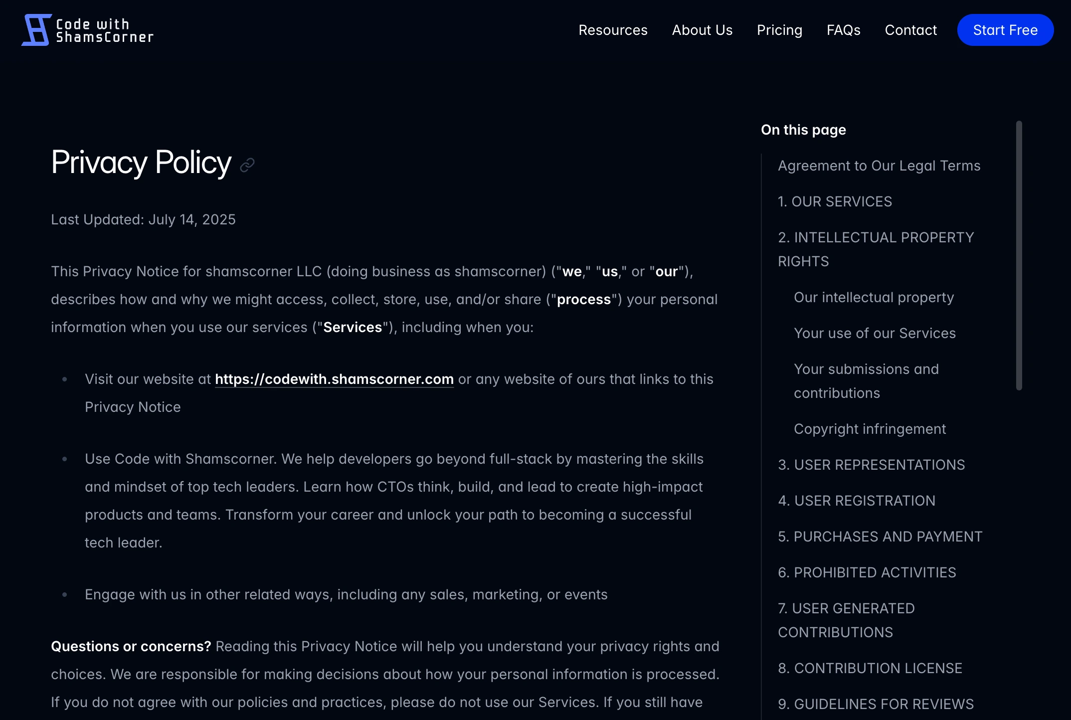 Screenshot showing the privacy policy page of "Code with Shamscorner" course platform